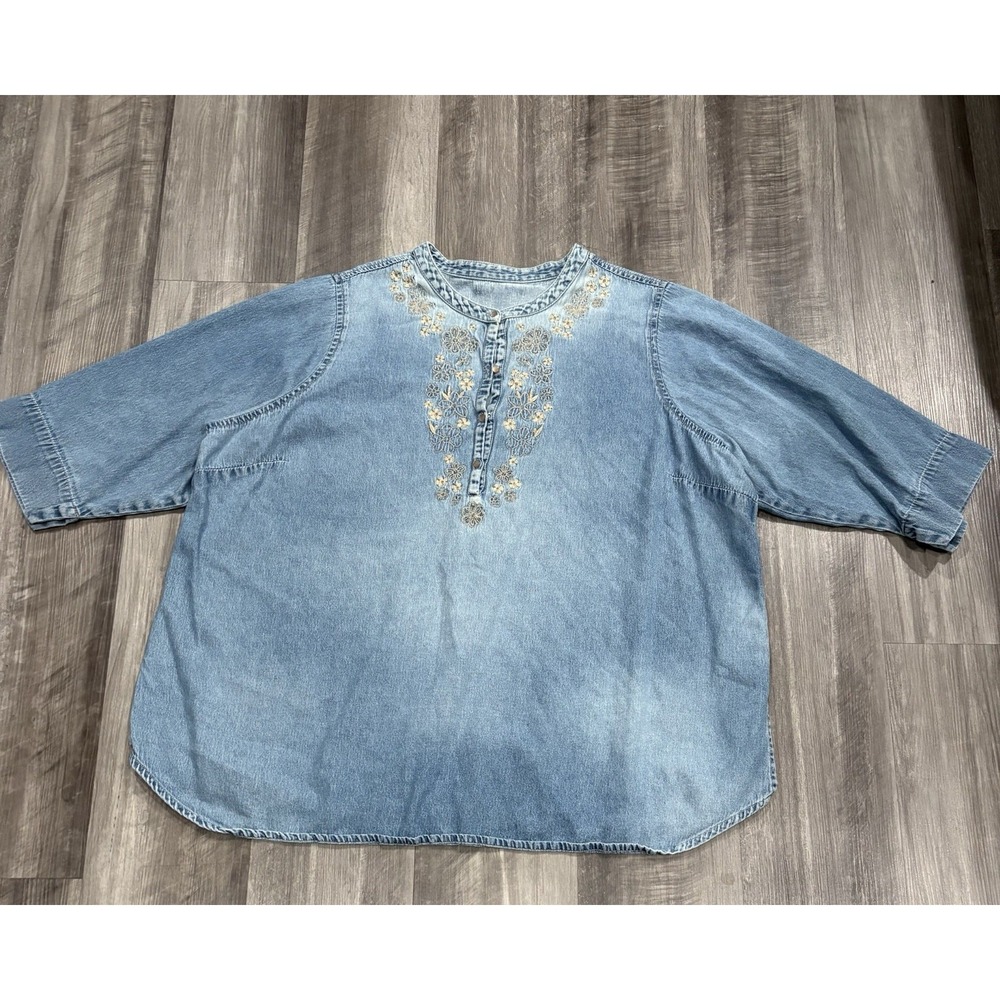 Women's Denim Embroidered Tunic Top 3/4 Sleeve Floral Henley Boho Casual